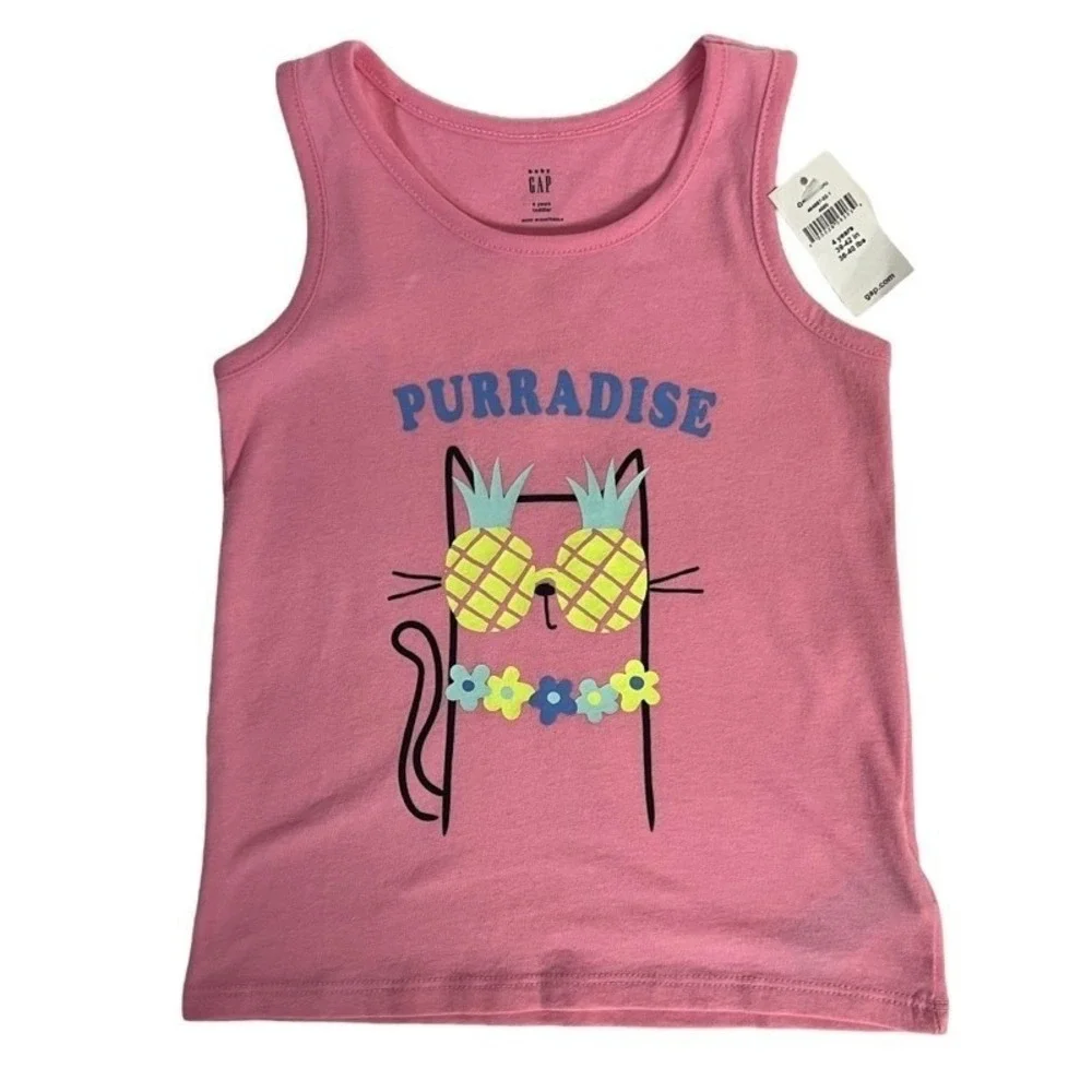 Gap Tank Top‎ 4 Year Pink Cat Pineapple Graphic Sleeveless Toddler Playful NEW